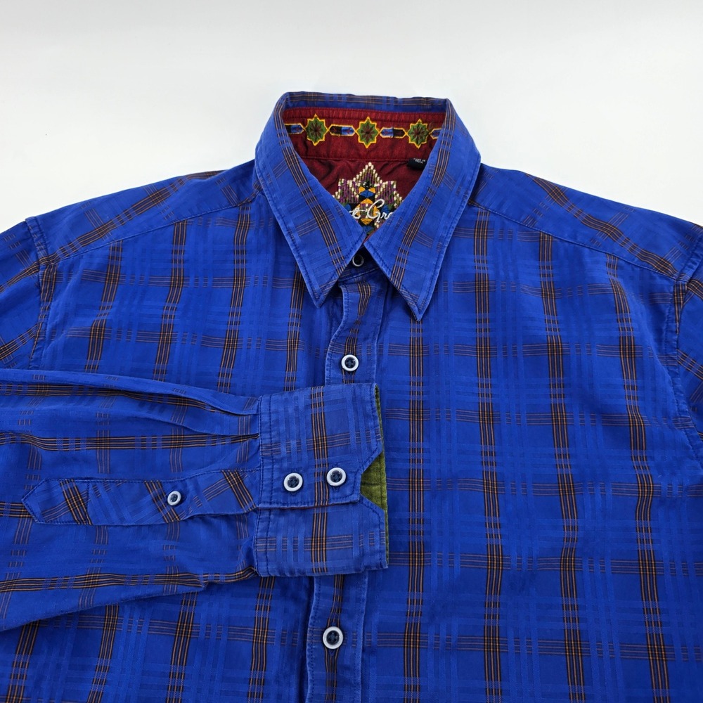 Robert Graham Button Down Mens Plaid Embroidered Flip Cuff Blue Medium